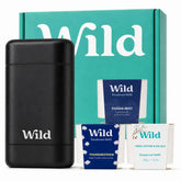 Wild Aluminum Free Natural Deodorant Starter Kit - Refillable Black Case - Natural Ingredients & 24 Hour Odor Protection - Women & Men's - Fresh Clean Scents Variety Pack - Case + 3 Refills