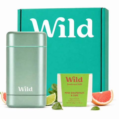 Wild Aluminum Free Natural Deodorant Starter Kit - Refillable Aqua Case - Natural Ingredients & 24 Hour Odor Protection - Women & Men's - Pink Grapefruit & Lime Scent - Case + 1 Refill