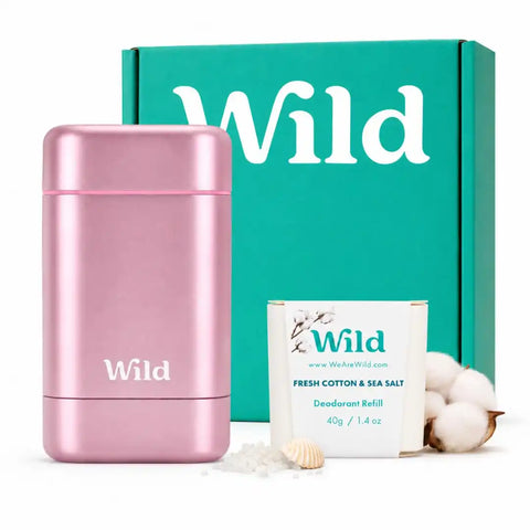 Wild Aluminum Free Natural Deodorant Starter Kit - Refillable Pink Case - Natural Ingredients & 24 Hour Odor Protection - Women's - Fresh Cotton and Sea Salt Scent - Case + 1 Refill