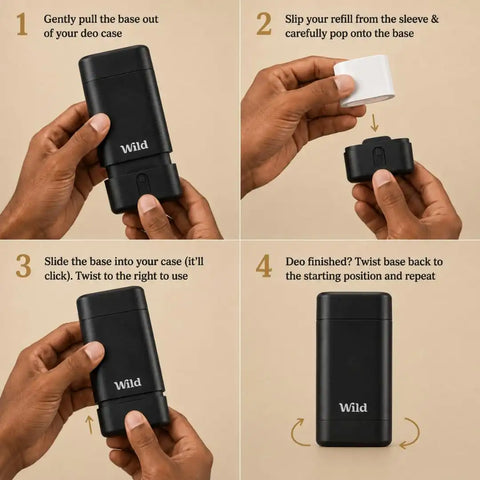 Wild Aluminum Free Natural Deodorant Starter Kit - Refillable Black Case - Natural Ingredients & 24 Hour Odor Protection - Women & Men's - Fresh Clean Scents Variety Pack - Case + 3 Refills