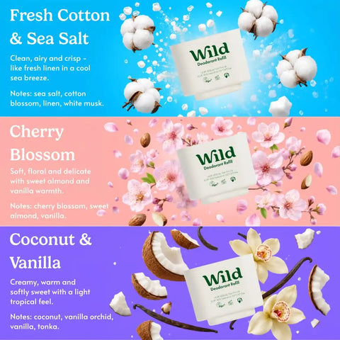 Wild Aluminum Free Natural Deodorant Starter Kit - Refillable Purple Case - Natural Ingredients & 24 Hour Odor Protection - Women's - Fresh Scents Variety Pack - Case + 3 Refills